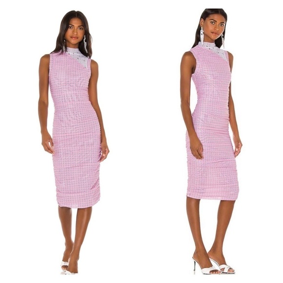 MIAOU x Revolve Pink Mesh High Neck Bodycon Sofia Midi Dress Medium NWT - Picture 1 of 8